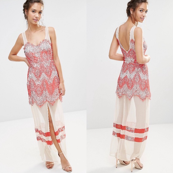 Boohoo Dresses & Skirts - 🌴 BOGO FREE NWT Boohoo coral lace mesh maxi dress